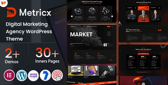 Metricx - Digital Marketing Agency WordPress Theme WordPress theme homepage layout for a agency portfolio website