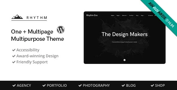 Rhythm - Clean Minimalist One & Multipage WordPress Theme WordPress theme homepage layout for a agency creative website