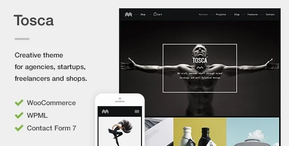 Tosca - A Fresh Creative Portfolio & Ecommerce WordPress Theme WordPress theme homepage layout for a agency creative website