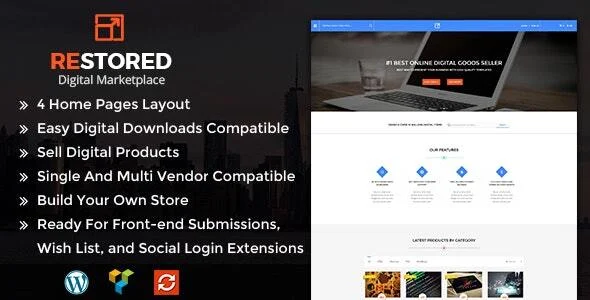 Restored MarketPlace - WordPress Theme WordPress theme homepage layout for a digital market online store