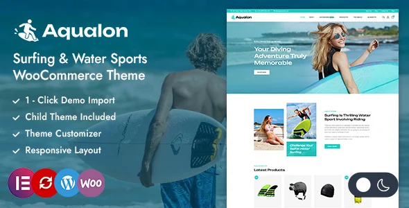 Aqualon - Surfing & Sports Store WooCommerce Theme WordPress theme homepage layout for a activewear WooCommerce store