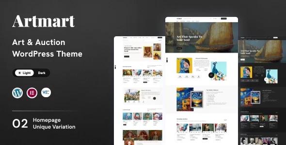 Artmart - Gallery & Auction WordPress Theme WordPress theme homepage layout for a art WooCommerce store