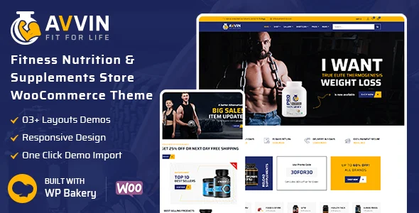 Avvin - Fitness Nutrition and Supplements Store WooCommerce Theme WordPress theme homepage layout for a athletic theme WooCommerce store
