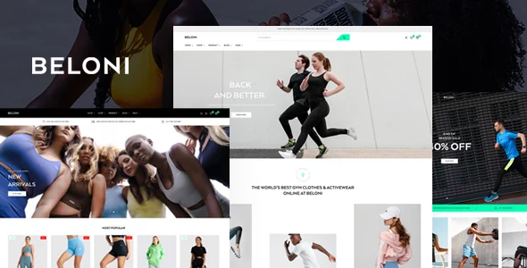 Beloni – Workout Wear WooCommerce WordPress Theme with AI WordPress theme homepage layout for a athletic WooCommerce store