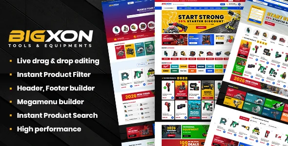 Bigxon - Parts And Tools WordPress WooCommerce Theme WordPress theme homepage layout for a accessories WooCommerce store