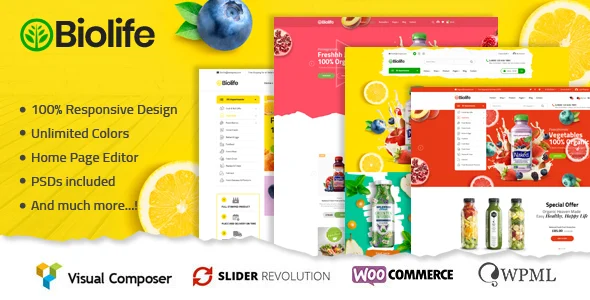 Biolife - Organic Food WordPress Theme ( RTL Supported ) WordPress theme homepage layout for a dokan WooCommerce store