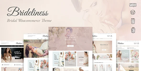 Brideliness - Wedding Shop WordPress WooCommerce Theme WordPress theme homepage layout for a bridal WooCommerce store