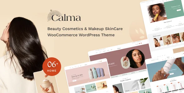 Calma – Beauty Cosmetics & Makeup SkinCare WooCommerce WordPress Theme with AI WordPress theme homepage layout for a beauty WooCommerce store