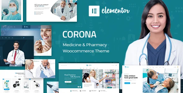 Corona | Medical Pharmacy WooCommerce WordPress Theme WordPress theme homepage layout for a clinic WooCommerce store