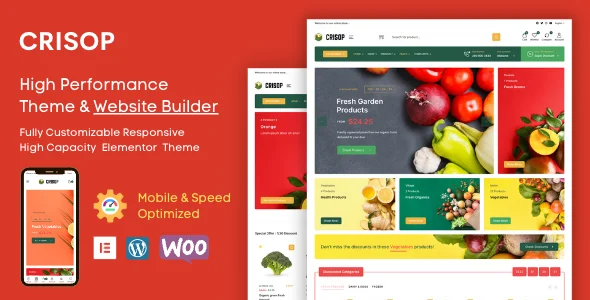 Crisop - Grocery & Organic Food Shop Elementor WooCommerce Theme WordPress theme homepage layout for a clean WooCommerce store