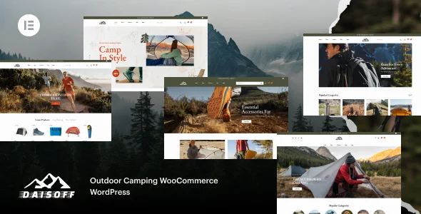 Daisoff – Outdoor Camping WooCommerce WordPress Theme with AI WordPress theme homepage layout for a adventure WooCommerce store
