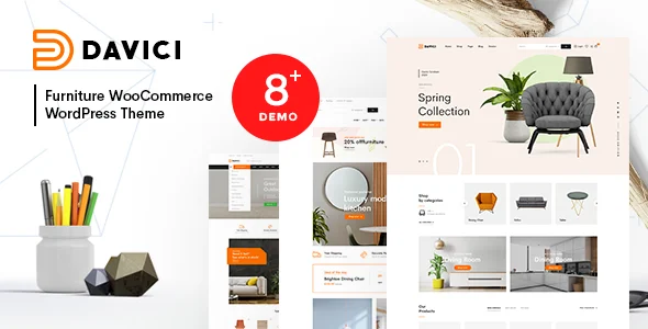 Davici – Furniture WooCommerce WordPress Theme with AI WordPress theme homepage layout for a clean WooCommerce store