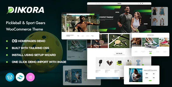 Dinkora - Pickleball & Sport Gear WooCommerce WordPress Theme WordPress theme homepage layout for a activewear WooCommerce store
