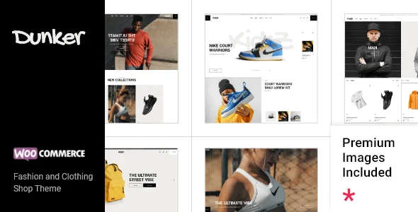 Dunker - Fashion and Clothing Shop WordPress Theme WordPress theme homepage layout for a clothing WooCommerce store