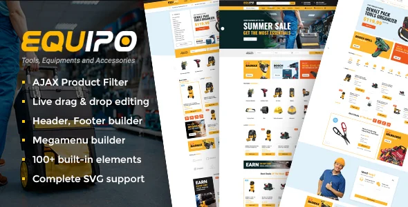 Equipo - Parts And Tools WordPress WooCommerce Theme WordPress theme homepage layout for a accessories WooCommerce store