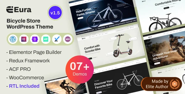 Eura - Bicycle & Bike Parts Shop Elementor WordPress Theme WordPress theme homepage layout for a bicycle eCommerce WooCommerce store
