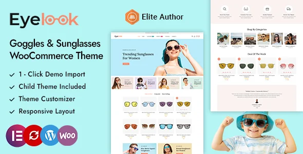 Eyelook - Sunglasses and Eyewear Store WordPress WooCommerce Theme WordPress theme homepage layout for a accessories WooCommerce store