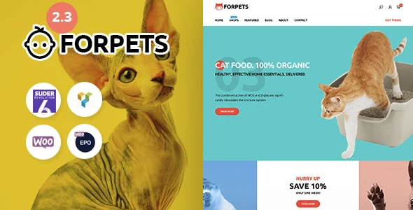 Forpets - Food Shop WooCommerce Theme WordPress theme homepage layout for a cat WooCommerce store