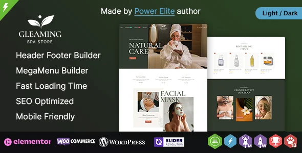 Gleaming WP - Spa and Beauty Elementor WooCommerce Theme WordPress theme homepage layout for a beauty WooCommerce store