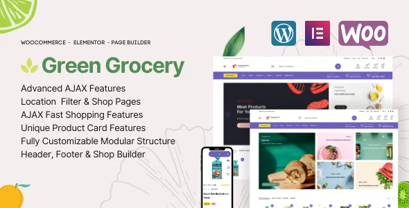 Green Grocery - Grocery Store Organic Food WordPress Theme WordPress theme homepage layout for a delivery WooCommerce store