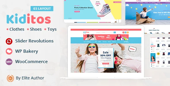 Kiditos - Baby and Kids Multi Store WooCommerce Theme WordPress theme homepage layout for a baby WooCommerce store