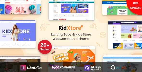 KidXtore - Kids Clothing and Toys Store Elementor WooCommerce WordPress Theme WordPress theme homepage layout for a baby shop WooCommerce store
