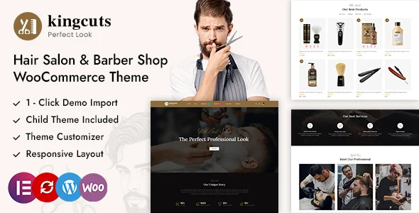 Kingcuts - Hair Salon and Barber Shop WordPress WooCommerce Theme WordPress theme homepage layout for a barber WooCommerce store
