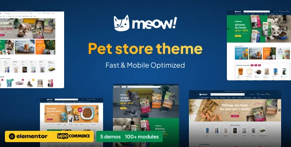 Meow! - Pet Care & Pet Shop Elementor WordPress WooCommerce Theme WordPress theme homepage layout for a animal care WooCommerce store