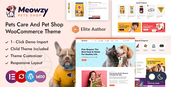 Meowzy - Pets Care & Pet Shop WordPress Theme WordPress theme homepage layout for a animal shelters WooCommerce store
