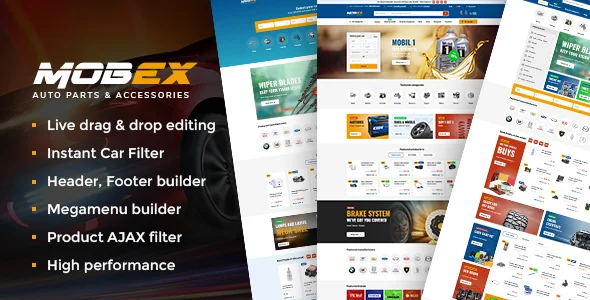 Mobex - Auto Parts WordPress Theme WordPress theme homepage layout for a auto dealer WooCommerce store