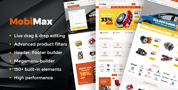 Mobimax - Auto Parts WordPress Theme + WooCommerce Shop WordPress theme homepage layout for a auto dealer WooCommerce store