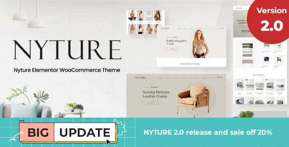 Nyture - Furniture WooCommerce Theme WordPress theme homepage layout for a clean WooCommerce store