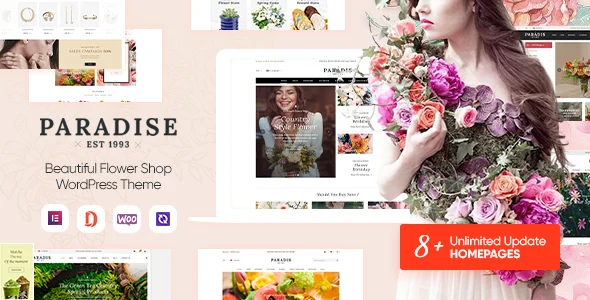 Paradise - Flower Shop Elementor WooCommerce WordPress Theme (8+ Homepages Ready) WordPress theme homepage layout for a cosmetics WooCommerce store