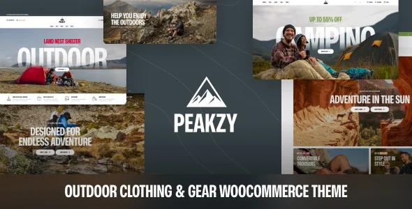 Peakzy – Outdoor Clothing & Gear WooCommerce Theme WordPress theme homepage layout for a backpacking WooCommerce store