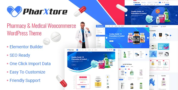 Pharxtore - Pharmacy & Medical  Woocommerce WordPress Theme WordPress theme homepage layout for a dokan WooCommerce store