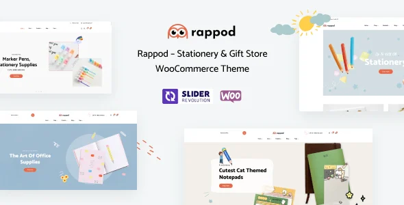 Rappod – Stationery & Gift Store WooCommerce WordPress Theme with AI WordPress theme homepage layout for a accessories WooCommerce store