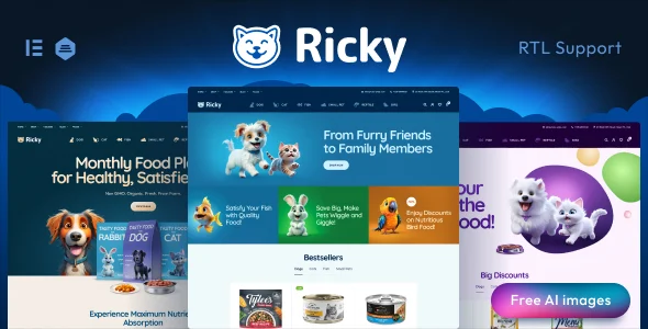 Ricky - Pet Shop & Care WooCoomerce Theme WordPress theme homepage layout for a animal WooCommerce store