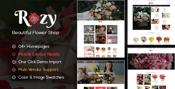 Rozy - Flower Shop WooCommerce WordPress Theme (4+ Indexes + Mobile Layouts Ready) WordPress theme homepage layout for a bouquet shop WooCommerce store