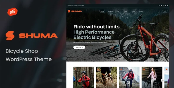 Shuma - Bike Shop WordPress Theme WordPress theme homepage layout for a bicycle WooCommerce store