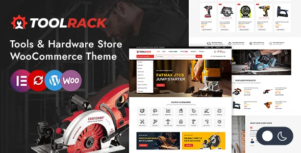 Toolrack - Machine Tools and Hardware Store WordPress WooCommerce Theme WordPress theme homepage layout for a auto parts WooCommerce store