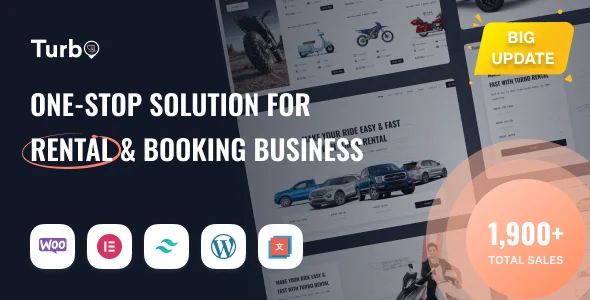 Turbo - Multipurpose WooCommerce Rental & Booking Theme WordPress theme homepage layout for a booking WooCommerce store