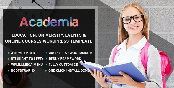 Academia - Education Center WordPress Theme WordPress theme homepage layout for a classes education website