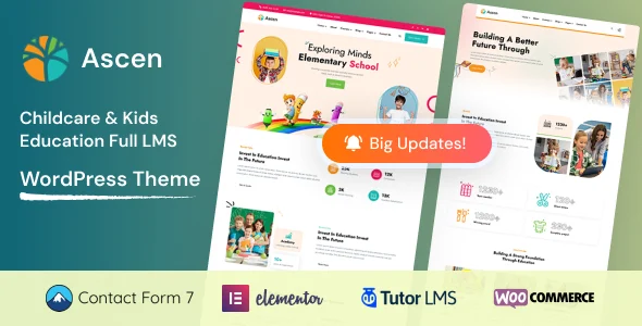 Ascen - Childcare & Kids Education LMS WordPress Theme WordPress theme homepage layout for a academy education website