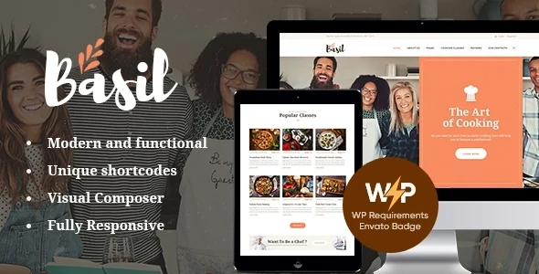 Basil | Cooking Classes and Workshops WordPress Theme WordPress theme homepage layout for a blog education website
