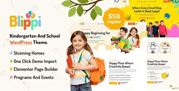 Blippi - Children Kindergarten WordPress Theme WordPress theme homepage layout for a academy education website