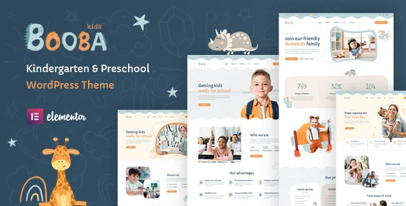 Booba - Kindergarten & Preschool WordPress Theme WordPress theme homepage layout for a baby sitting education website