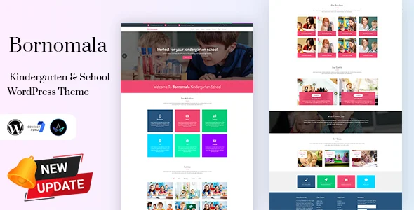 Bornomala - Kindergarten & School WordPress Theme WordPress theme homepage layout for a campus education website