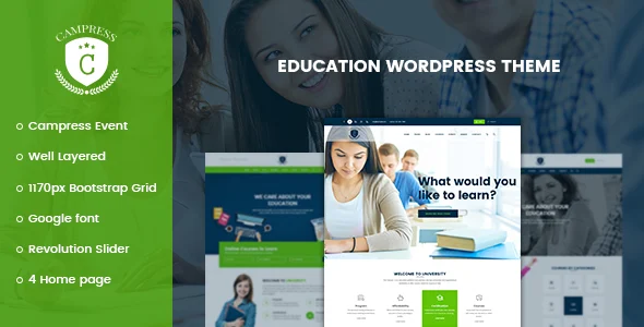 Campress - Responsive Education WordPress Theme WordPress theme homepage layout for a academy education website