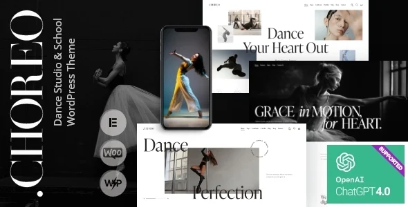 Choreo - Ballet Dance Studio & School WordPress Theme WordPress theme homepage layout for a ballet education website