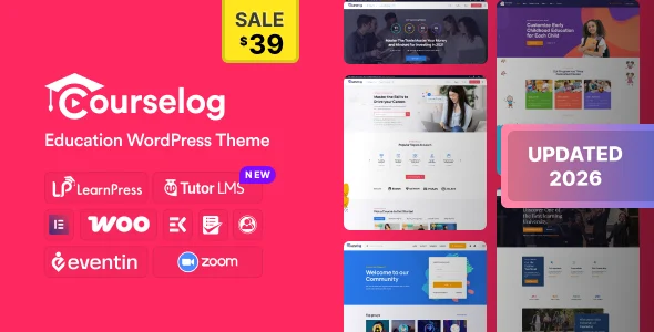 Courselog - eLearning & Education WordPress Theme WordPress theme homepage layout for a coach education website
